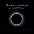 The Silent Seed digital practice by The Neuro-Cosmic Web. A black hole in space with the words: Meet the version of you AI cannot replace. Psychabduction methodology by Dr. M. Mourabit, MD.