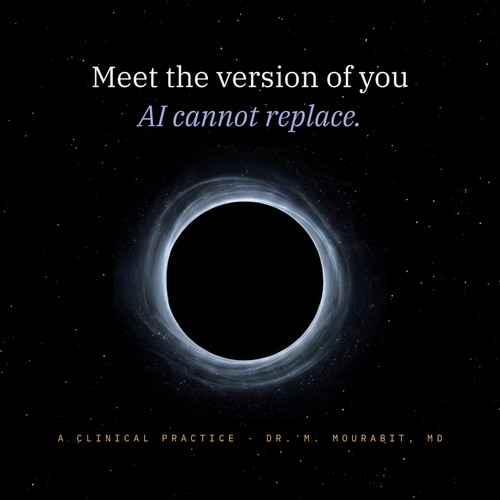The Silent Seed digital practice by The Neuro-Cosmic Web. A black hole in space with the words: Meet the version of you AI cannot replace. Psychabduction methodology by Dr. M. Mourabit, MD.